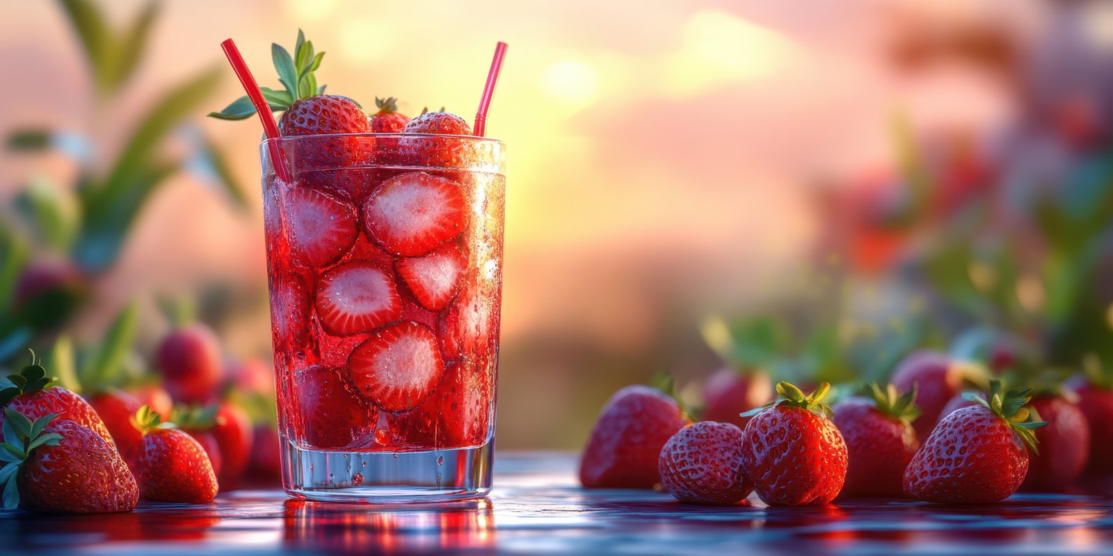 Refreshing strawberry drink placed outdoors during sunset, showcasing vibrant colors and fresh ingredients